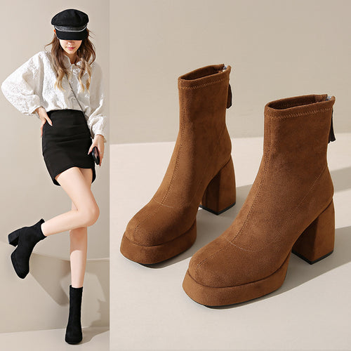 Damen Plateau‑AnklDruneoots aus Veloursleder mit hohem Blockabsatz Drune