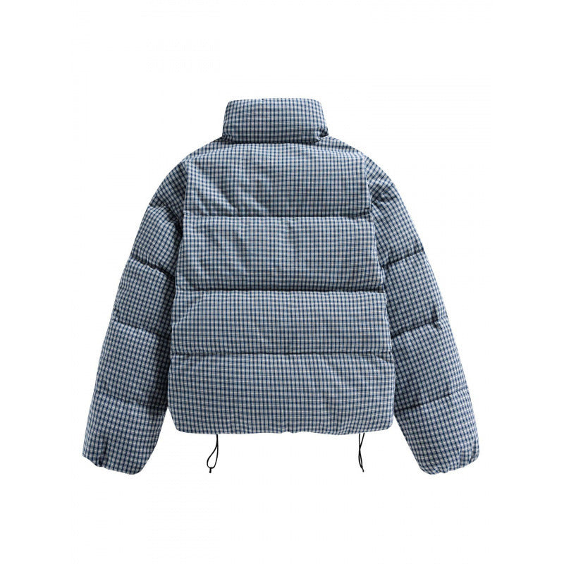 Damen Kurze gesteppte Steppjacke im Karo‑Muster mit hohem Stehkragen und Tunnelzug Drune