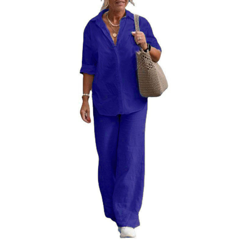 Damen Leichtes Leinen-Optik Zweiteiler mit Oversize-Hemd und weiter Palazzohose Drune