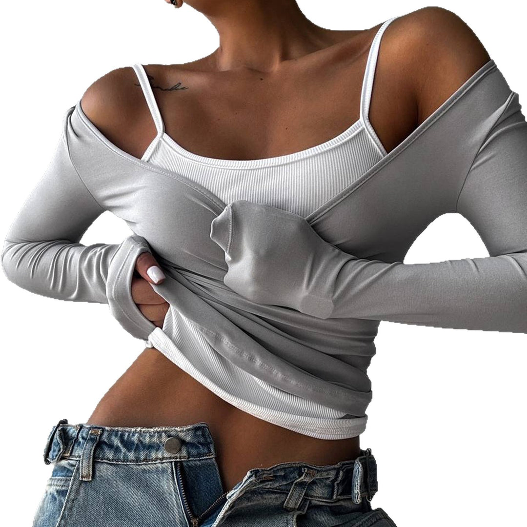 Damen nan tailliertes Longsleeve-Cropped-Top mit eckigem Ausschnitt und doppelten Spaghettiträgern Drune