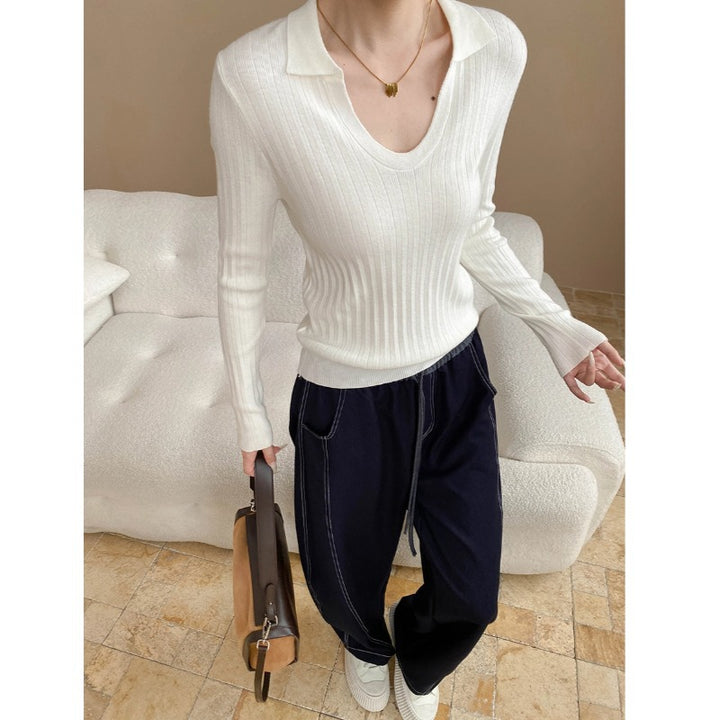 Damen längerer Rippstrickpullover mit V-Ausschnitt Drune