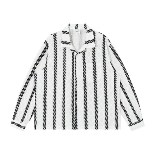 Unisex Leichte Hemdjacke mit Camp-Kragen, Relaxed‑Fit und vertikalem Zopfstreifenmuster Drune