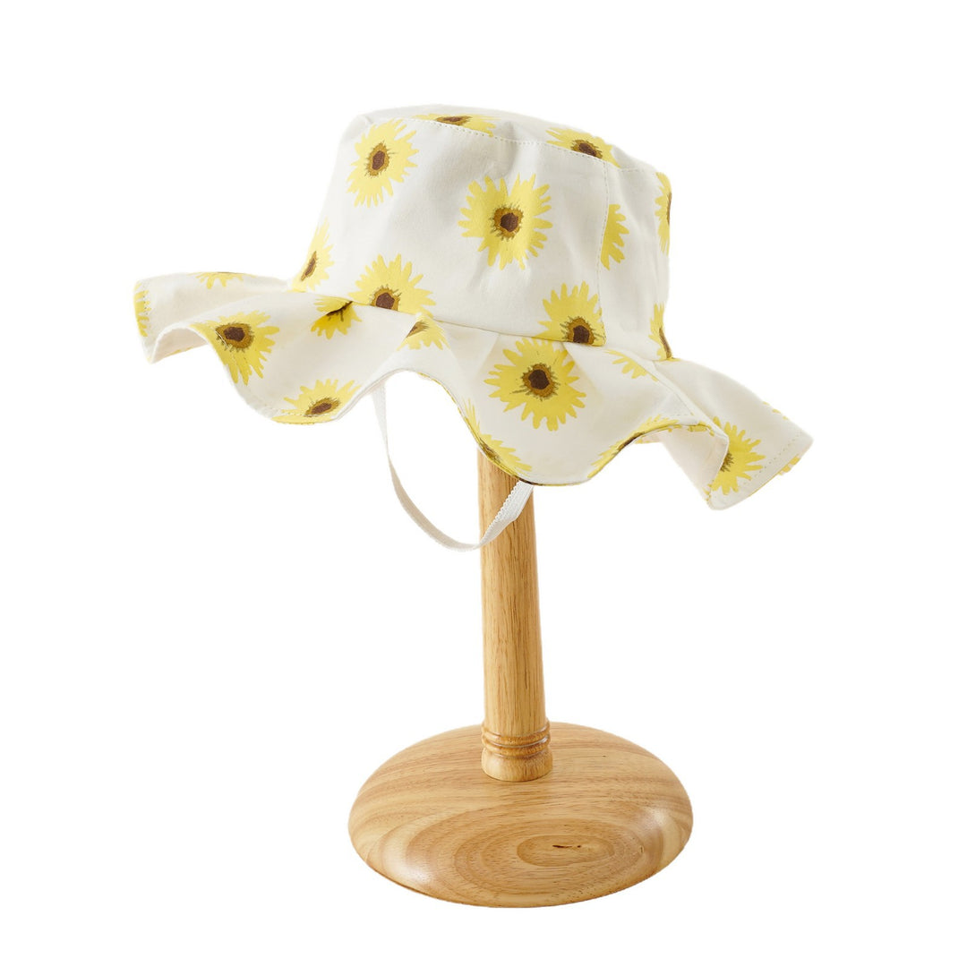 Damen Sonnenhut mit breiter Rüschenkrempe und Sonnenblumen‑Print Drune