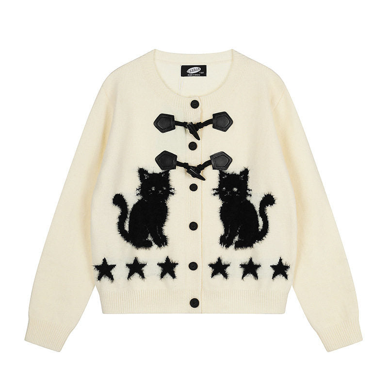 Damen Strickjacke mit Katzen-Jacquard, Zierknebelverschluss und Sternbordüre Drune