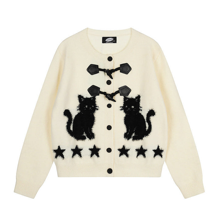 Damen Strickjacke mit Katzen-Jacquard, Zierknebelverschluss und Sternbordüre Drune