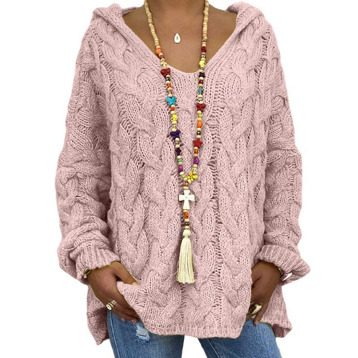 Damen Oversized Zopfmuster-Strickpullover mit Kapuze und lässigem V‑Ausschnitt Drune