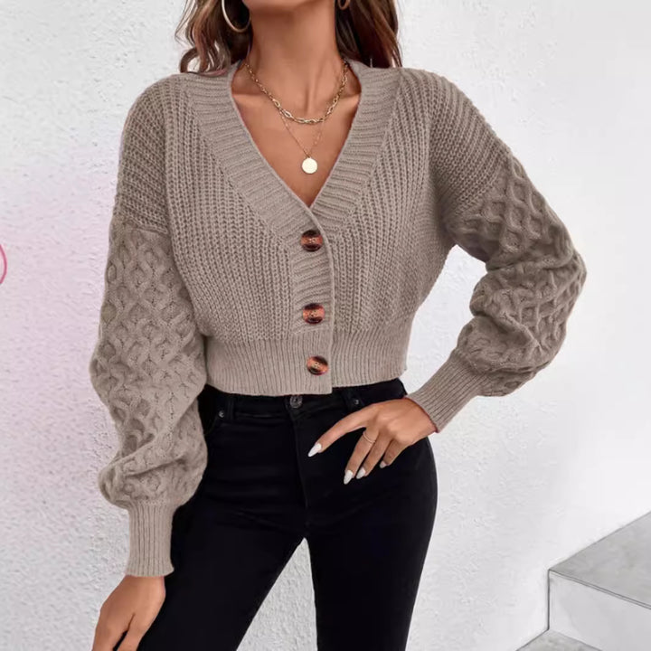 Damen Strickjacke mit tiefem V-Ausschnitt und Puffärmeln Drune