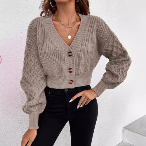 Damen Strickjacke mit tiefem V-Ausschnitt und Puffärmeln Drune