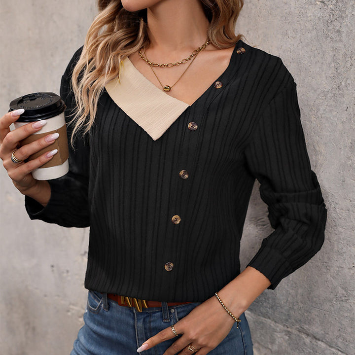 Damen Rippstrick-Top mit asymmetrischer Knopfleiste und kontrastierendem V‑Einsatz Drune