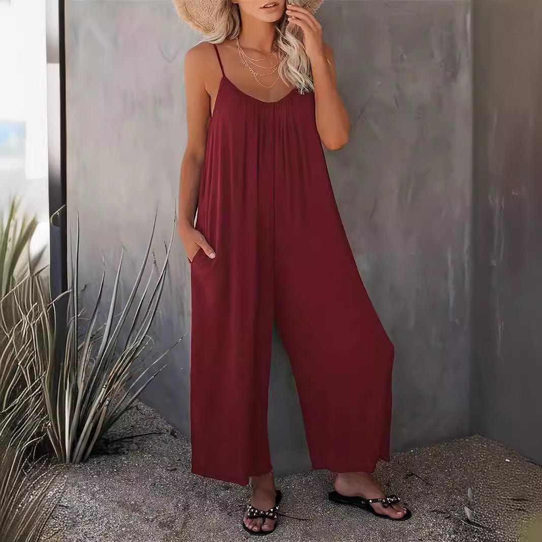Damen legerer Jumpsuit aus fließendem Stoff mit verstellbaren Trägern und praktischen Taschen Drune