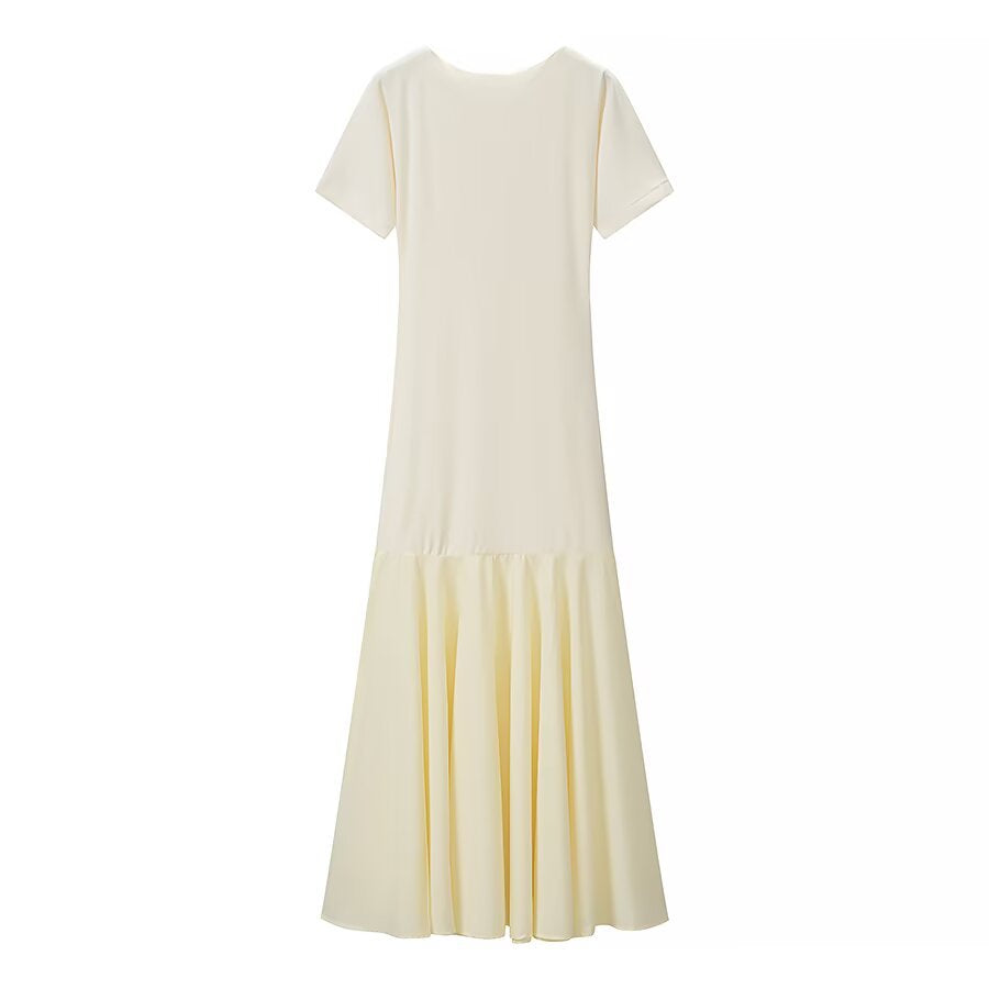 Damen Maxikleid mit kurzen Ärmeln, figurumspielendem Oberteil und ausgestelltem Volant-Saum Drune