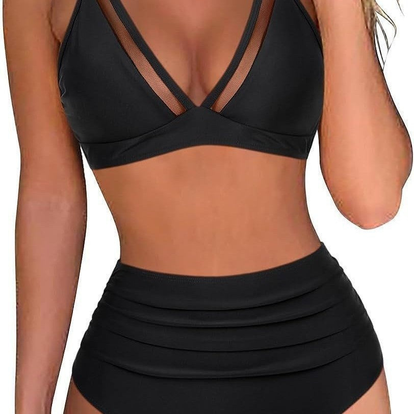 Damen Hoch tailliertes Bikini-Set mit Leopardenmuster und transparenten Einsätzen Drune