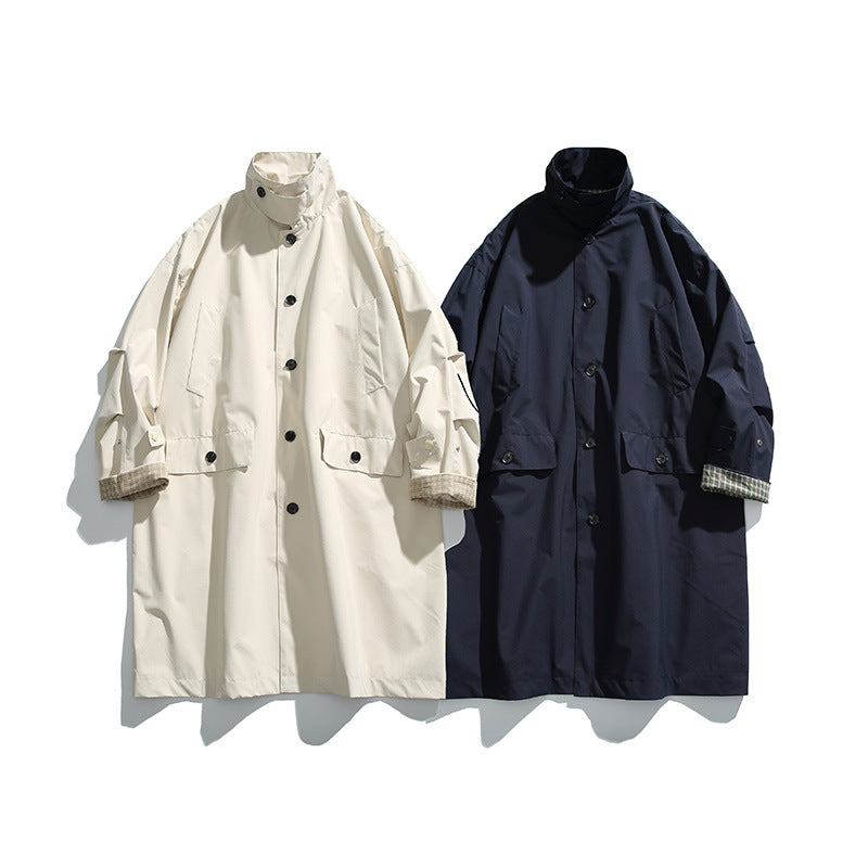 Herren übergroßer wasserdichter Trenchcoat mit Stehkragen und kariertem Futter Drune