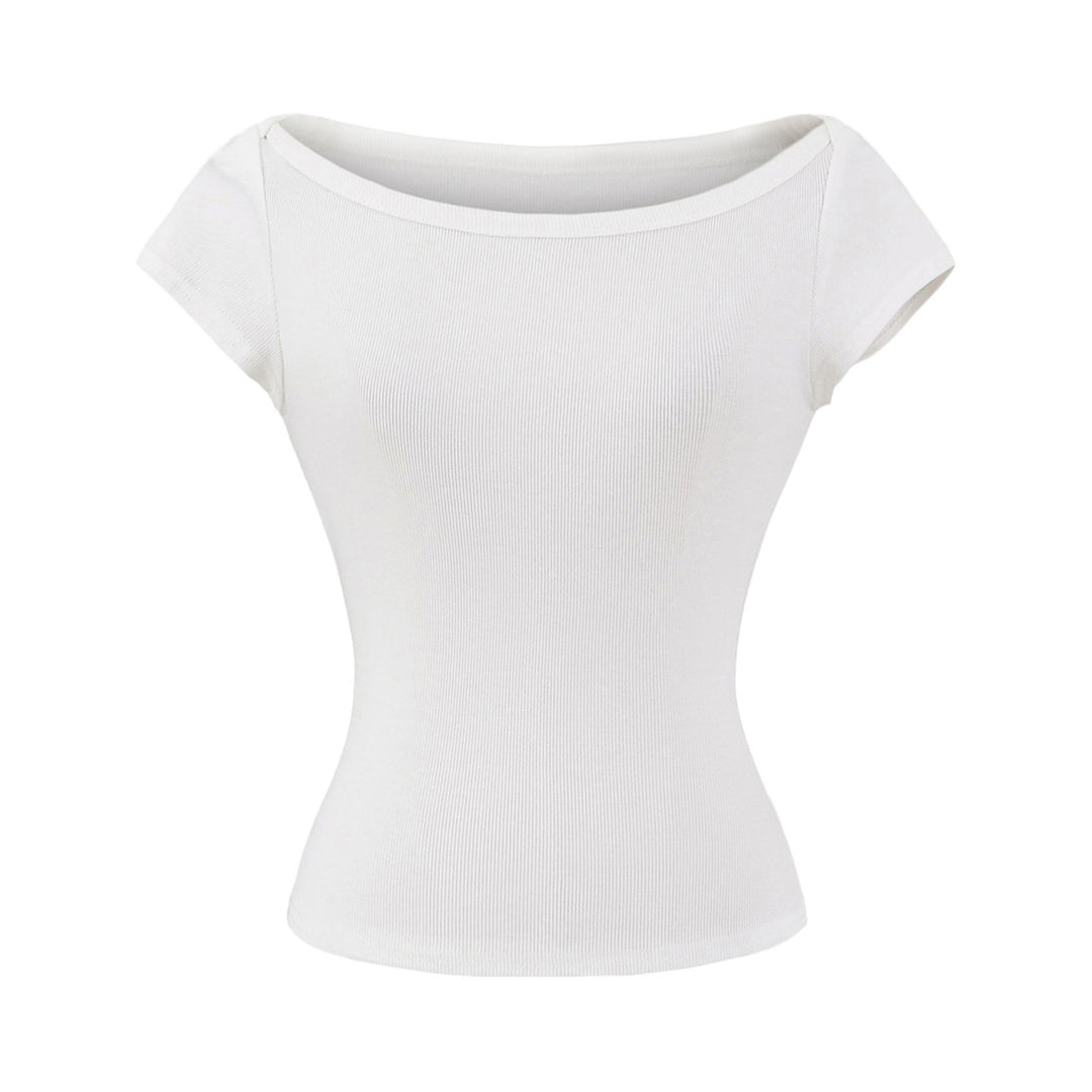 Damen figurbetontes Kurzarmshirt mit weitem Rundhalsausschnitt und feiner Rippstruktur Drune
