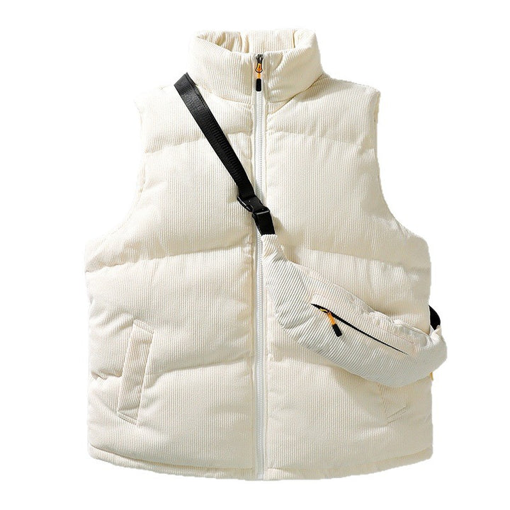 Herren Gesteppte Cord-Ärmellose Thermoweste mit Stehkragen und integrierter Crossbody-Tasche Drune