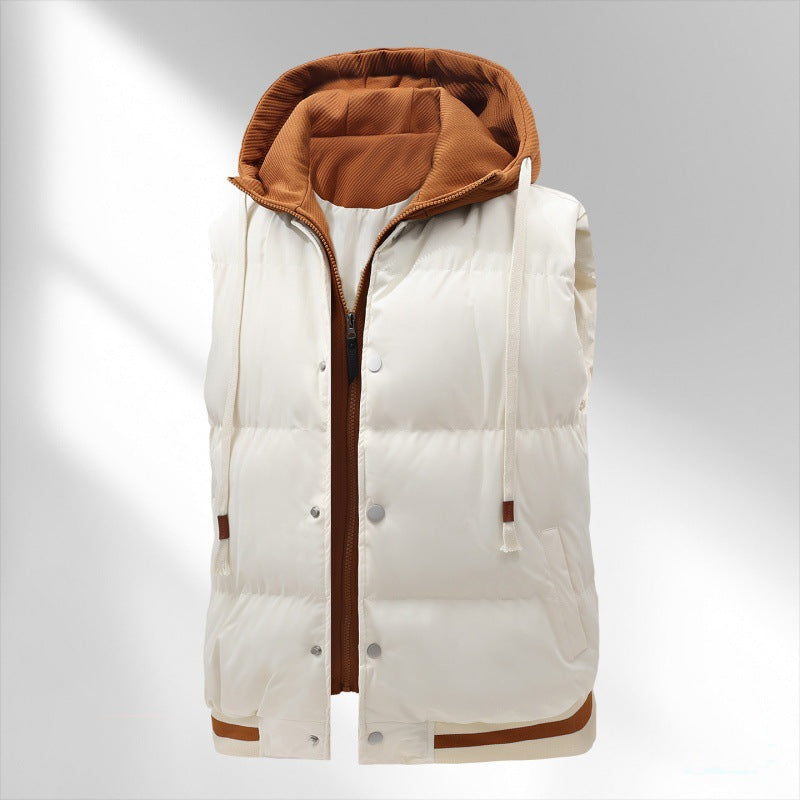 Herren gesteppte Kapuzenweste mit integriertem Hoodie-Layer, Druckknopfleiste und sportivem Geripptsaum Drune