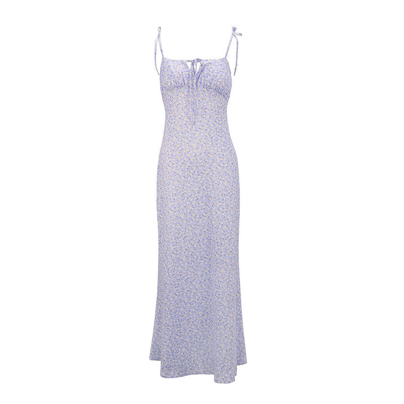 Damen luftiges Maxikleid mit verstellbaren Spaghettiträgern und süßem Blumendruck Drune