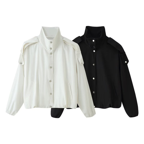 Damen Kurzblouson mit hohem Stehkragen, Schulterpatten und Druckknopfleiste Drune