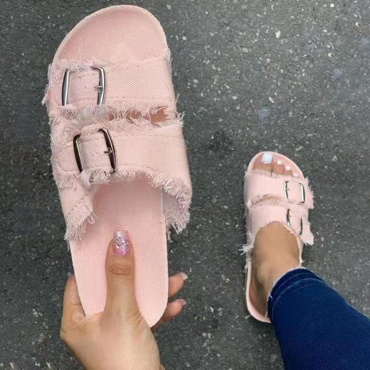 Damen Pantoletten mit modischem Denim-Design und verstellbaren Riemen Drune