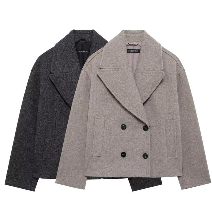 Damen 300+ Cropped doppeltreihiger Wollmix‑Blouson mit weitem Revers Drune