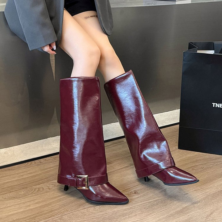 Damen Kniehohe Stiefel mit skulptierter Spitzkappe, geradem Schaft und Zierschnalle Drune