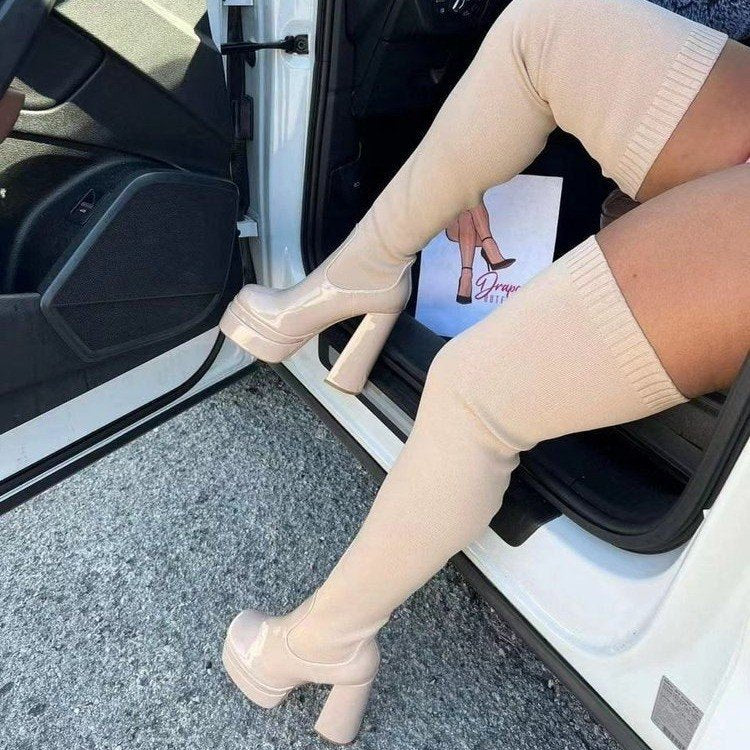 Damen Overknee-Stiefel mit plateau-sohle und elastischer Schaftkonstruktion Drune