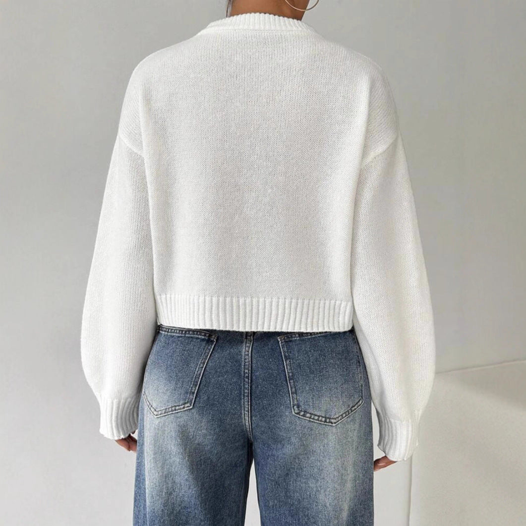 Damen Kurz-Cropped Pullover aus feinem Strick mit Ballonärmeln und geripptem Bund Drune