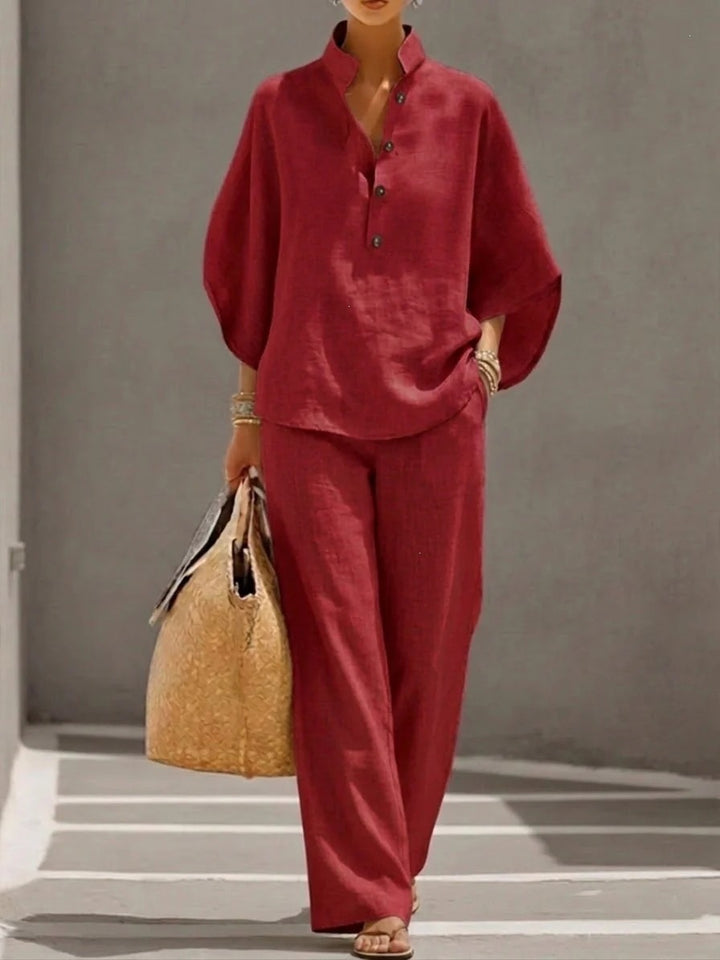 Damen Lockeres Leinenoptik-Zweiteiler mit Stehkragenbluse und weitem Palazzo-Hose Drune