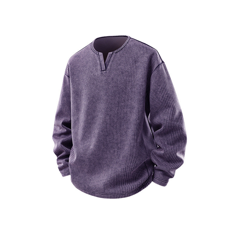 Herren Waffelstrick-Longsleeve mit V‑Schlitzkragen und Relaxed-Fit Drune
