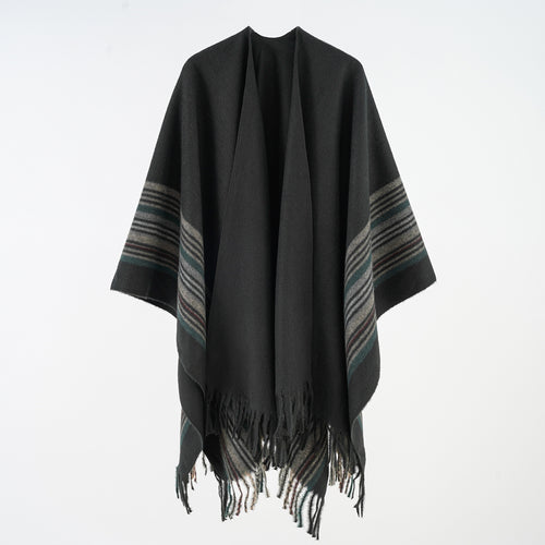 Damen Weichfallender Umlegeponcho mit gestreifter Bordüre und Fransensaum Drune