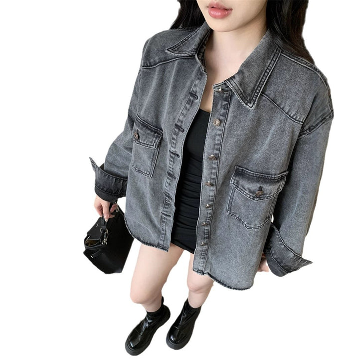 Damen Lässige Denim-Hemdjacke mit großen aufgesetzten Taschen Drune