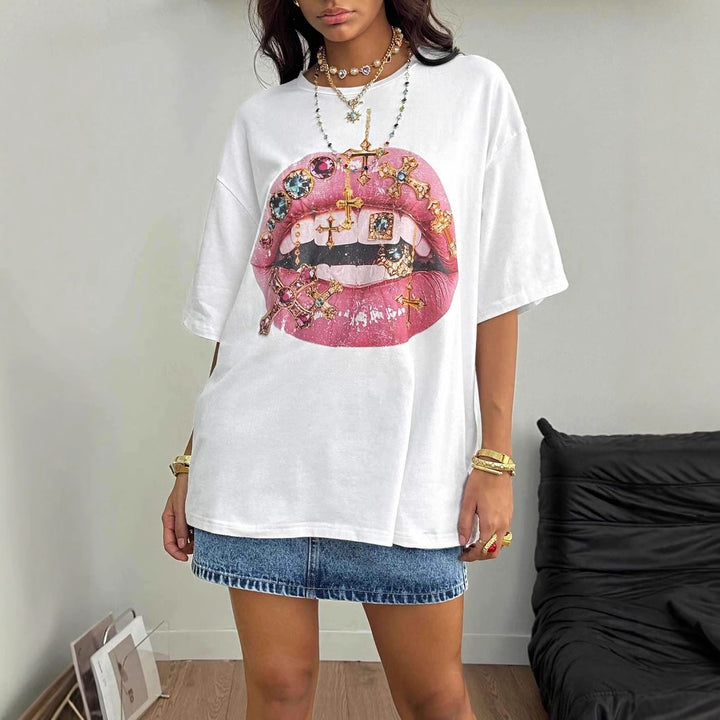 Damen Oversized T-Shirt mit kreativem Lippen- und Schmuckdesign Drune