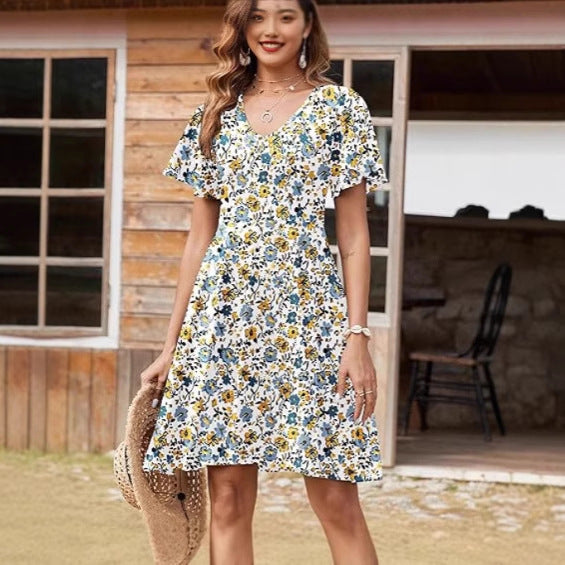 Damen Blumenkleid mit V-Ausschnitt und Röcken Drune