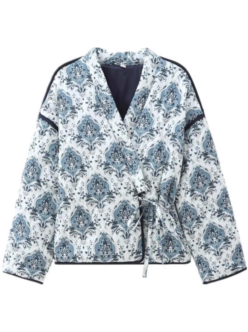 Damen elegante Jacquard-Jacke mit Bindegürtel und luxuriösem Muster Drune