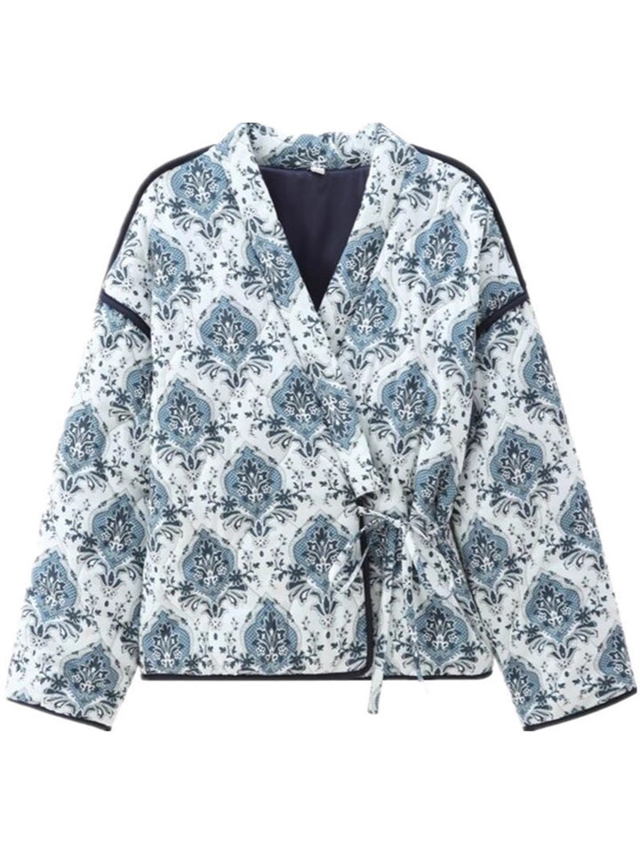 Damen elegante Jacquard-Jacke mit Bindegürtel und luxuriösem Muster Drune