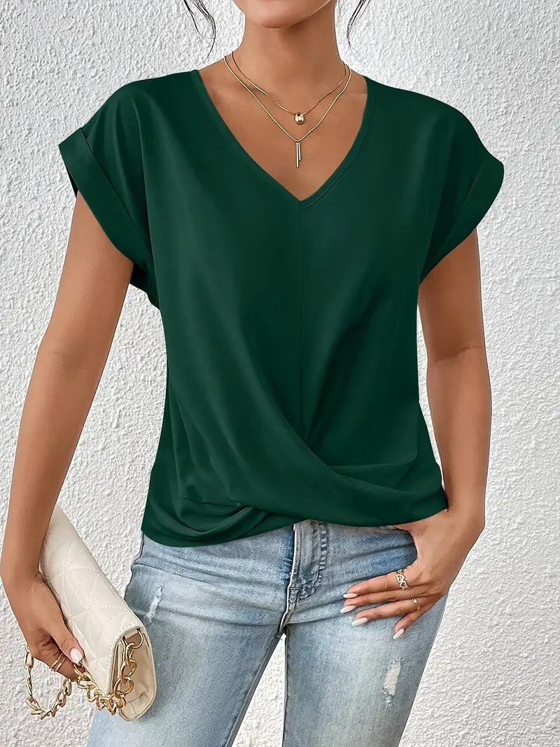 Damen elegante V-Ausschnitt Bluse mit lässiger Drapierung Drune