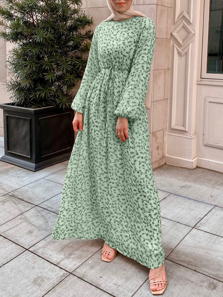 Damen Geblümtes Maxikleid mit Kordel-Taille und Ballonärmeln Drune