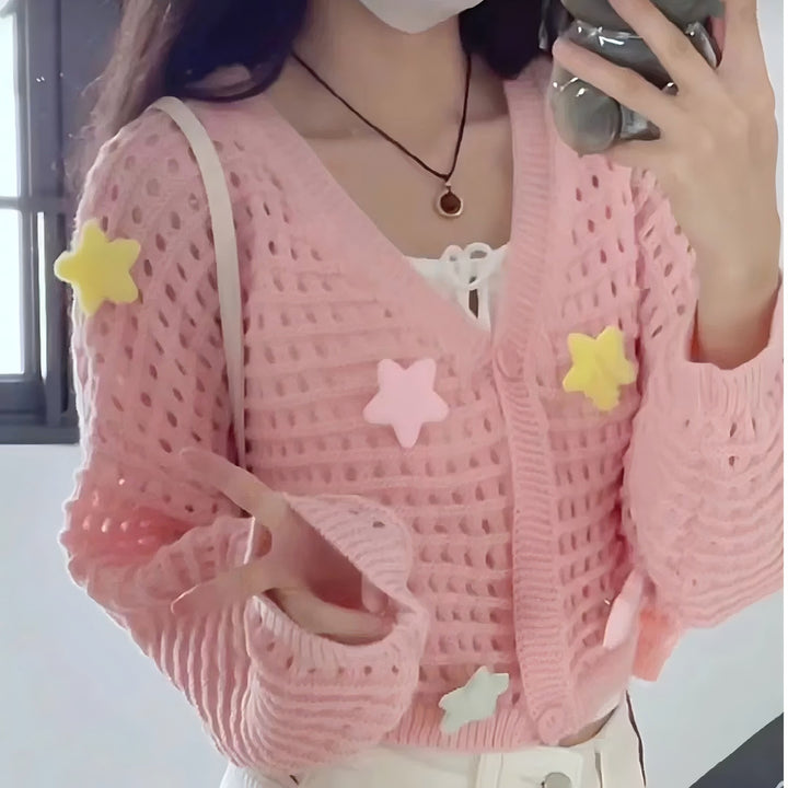 Damen lockerer Strick pullover mit bunten Applikationen Drune
