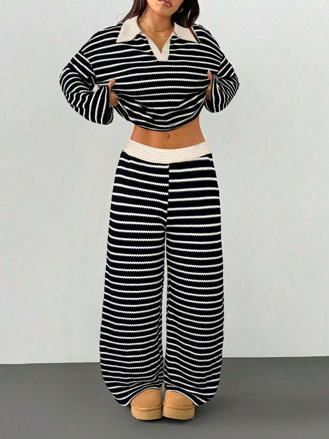 Damen Gestreiftes Strick-Set aus Polokrippenpullover und weiten Palazzo-Strickhose Drune