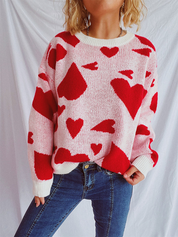Damen lockerer Pullover mit Herzmuster und weitem Schnitt Drune