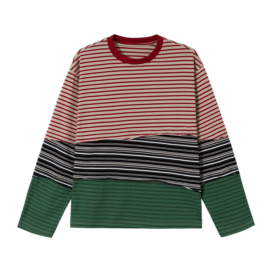 Unisex Lässiges Oversize Langarmshirt mit Blockstreifen aus Baumwollmix Drune