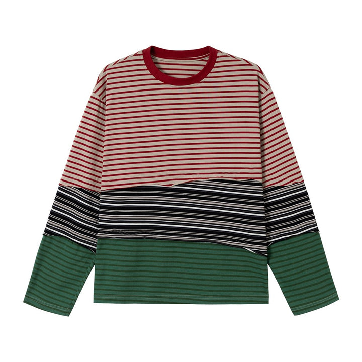 Unisex Lässiges Oversize Langarmshirt mit Blockstreifen aus Baumwollmix Drune