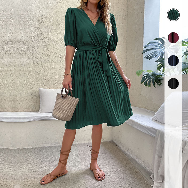 Damen Wickelkleid mit voluminösen Ärmeln und elegantem Faltenrock Drune