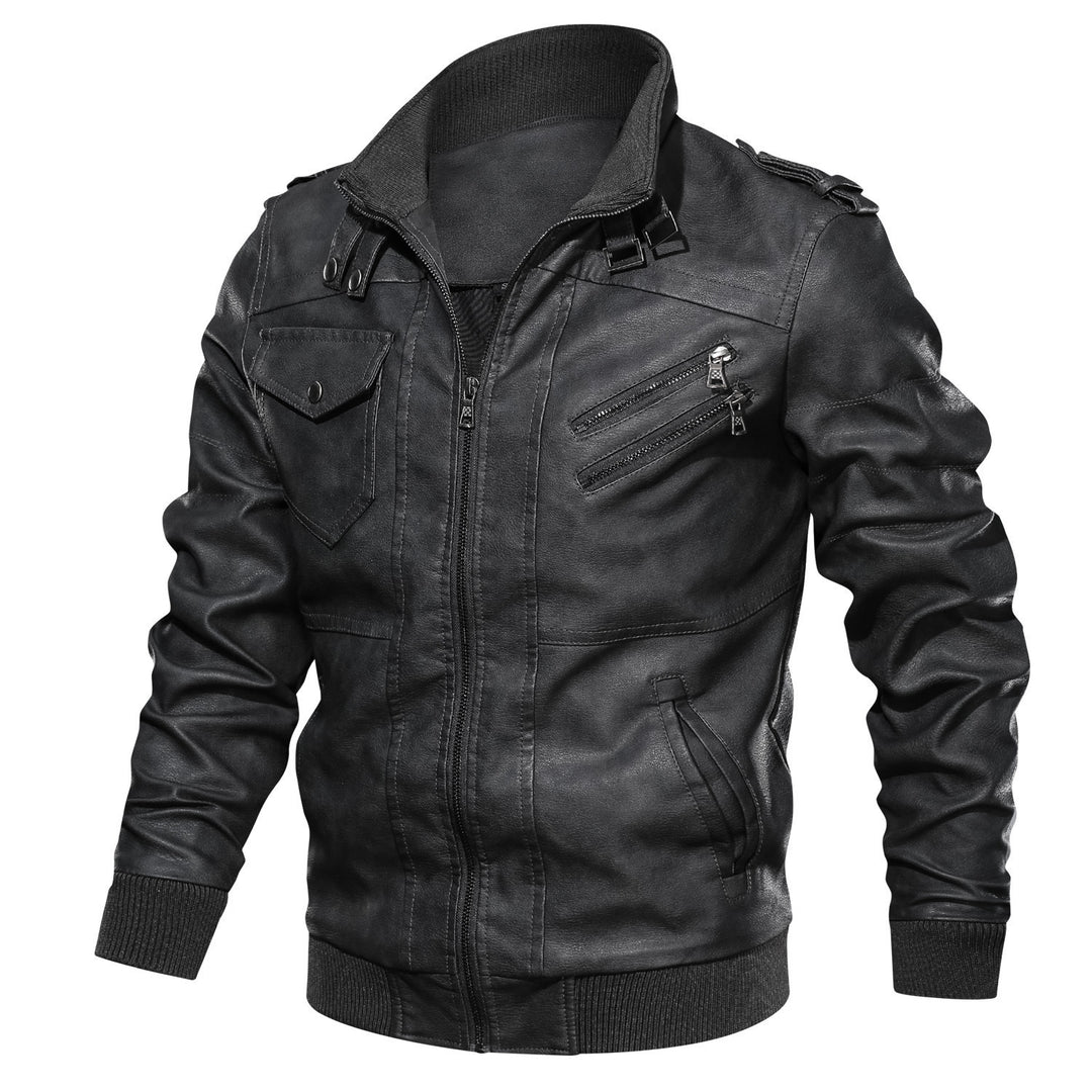 Herren Biker-Pilotjacke aus Kunstleder mit hohem Kragen, Schulterklappen und Rippbündchen Drune