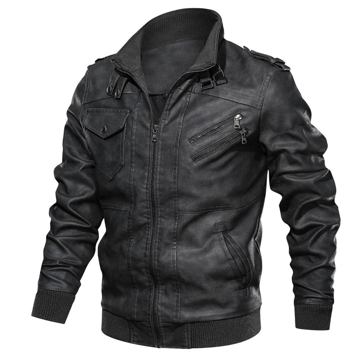 Herren Biker-Pilotjacke aus Kunstleder mit hohem Kragen, Schulterklappen und Rippbündchen Drune