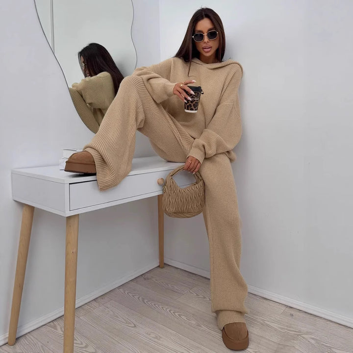Damen elegantes kaschmirähnliches Strick-Set mit asymmetrischem Wasserfallkragen und fließender Palazzo-Strickhose Drune