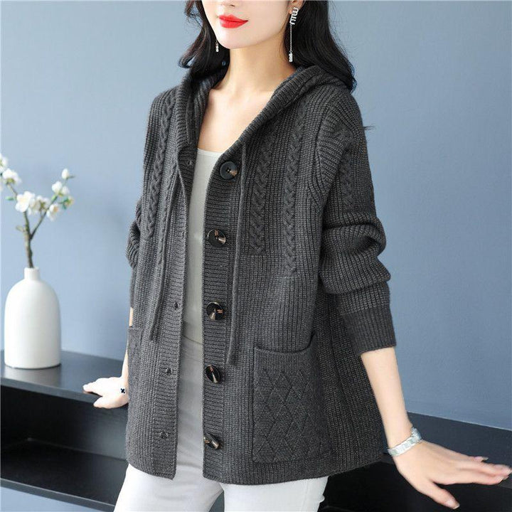 Damen Strickjacke mit Kapuze und Zopfmuster Drune