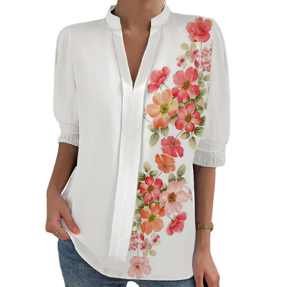 Damen Blumenprint Tunika-Bluse mit Stehkragen, geschlitzter V‑Blende und gerafften 3/4-Ärmeln Drune