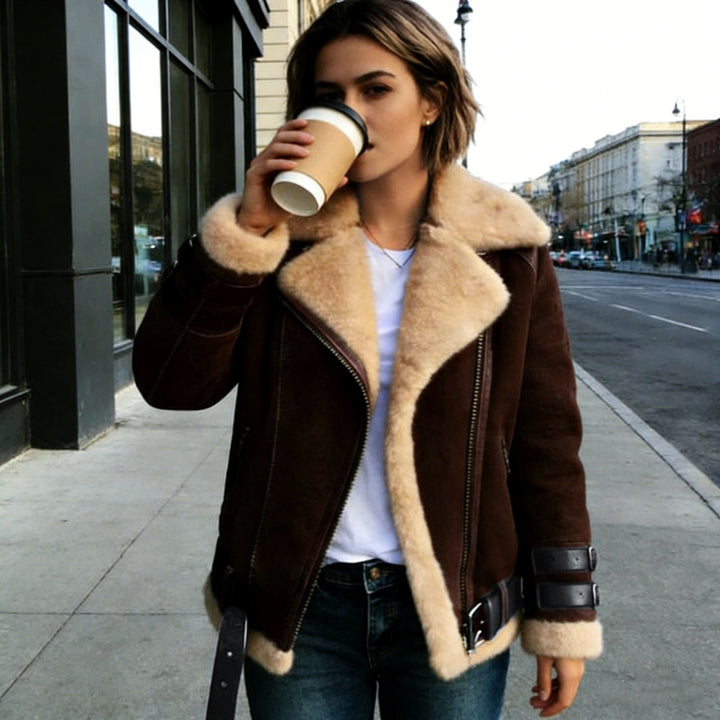 Damen nan flauschige Bikerjacke mit Teddyfutter und Schnallenbesatz Drune