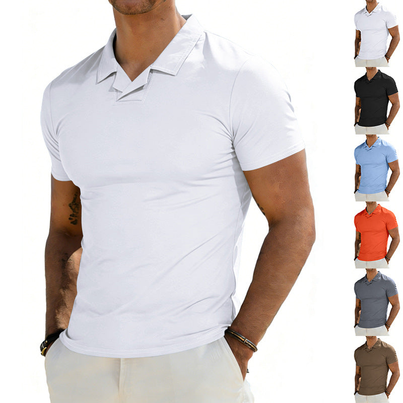 Herren nan schmal geschnittenes Kurzarm-Polo mit offenem Hemdkragen und elastischem Baumwollstretch Drune